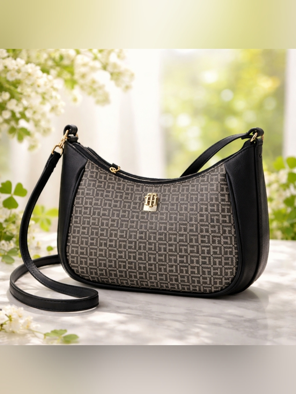 NWT Tommy Hilfiger Black & Gray Monogram Crossbody Bag